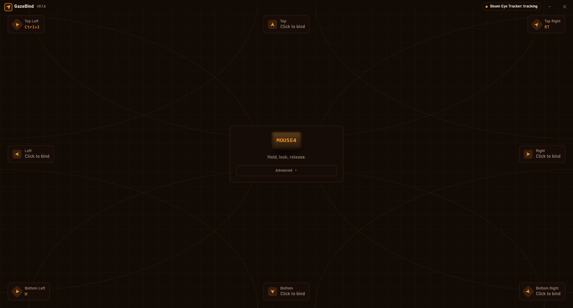GazeBind settings: the fullscreen zones map with the trigger island reading MOUSE4, hold, look, release